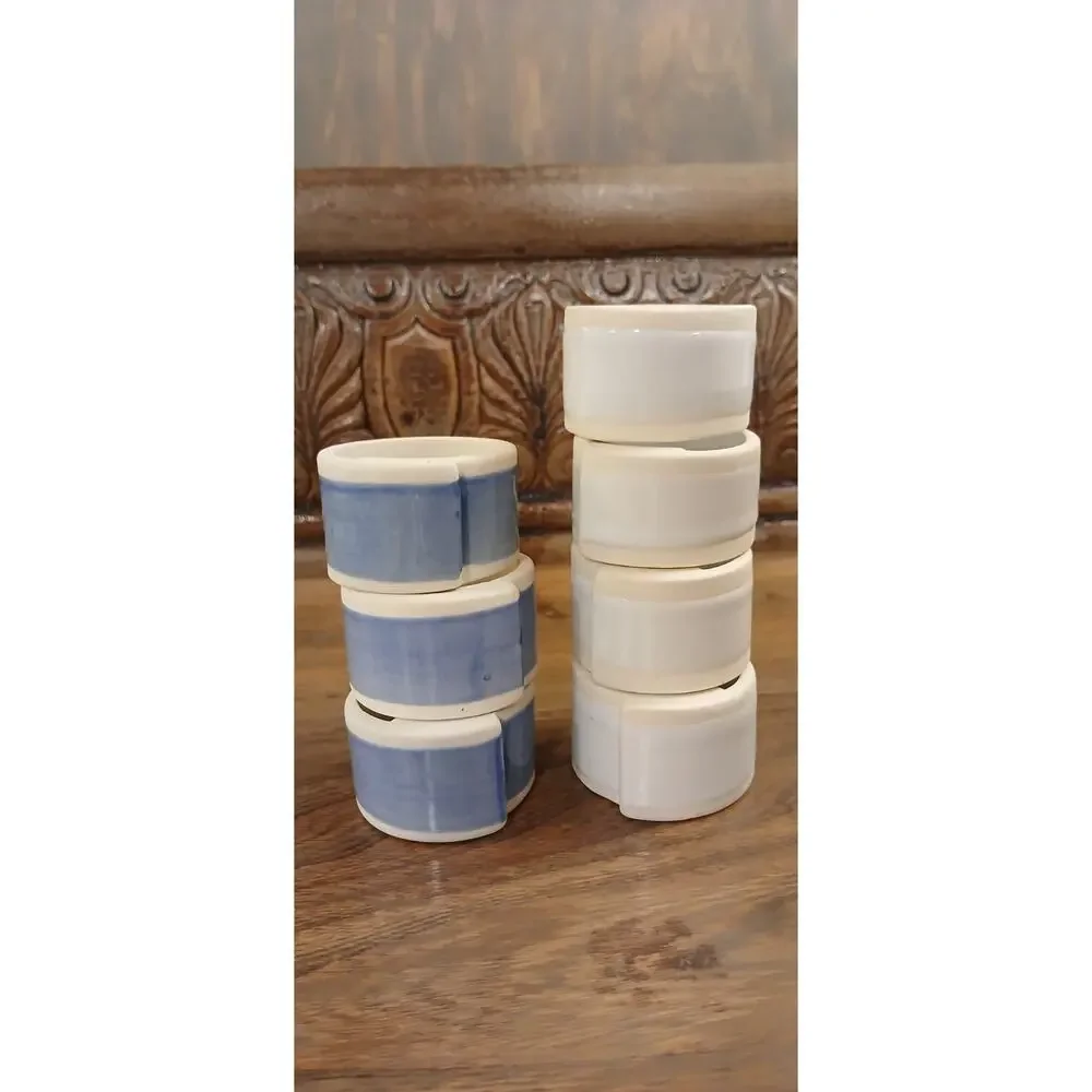 Blue And White Ribbon Like Ceramic Napkin Rings Set Of 7 Spring Or Summer Tables
